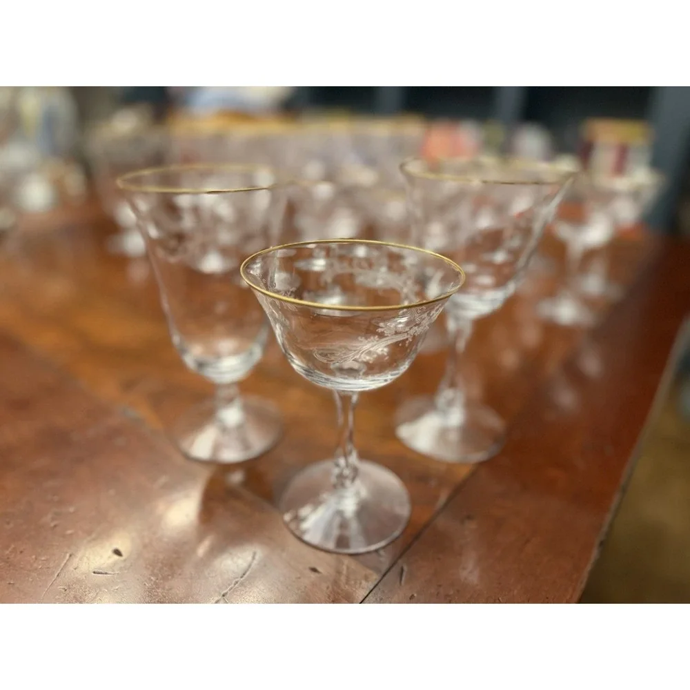 Golden Lace by Fostoria Set of 28 Iced Tea, Water, Wine, Champagne Etched w/Gold